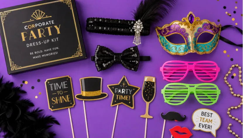 Corporate party dress-up kit with masks and props