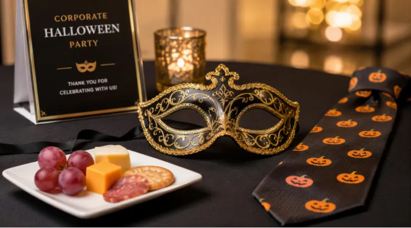 Elegant masquerade mask, pumpkin tie, and party snacks on a table for a corporate Halloween event