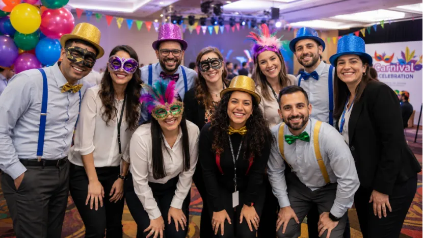 Group at a corporate carnival party with masks