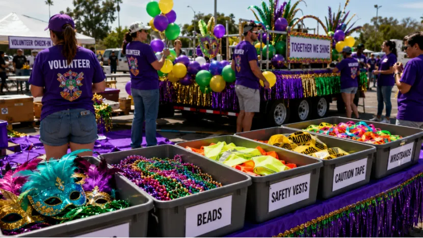 Organized bins of carnival parade supplies with volunteers decorating a float in the background