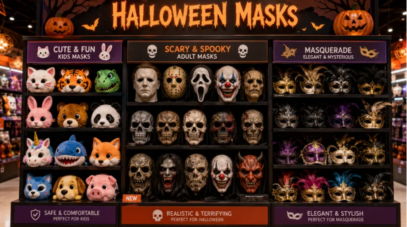 Retail display of Halloween masks divided into cute kids' masks, scary adult masks, and elegant masquerade masks