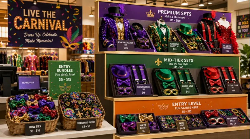 Retail display of tiered carnival accessory sets