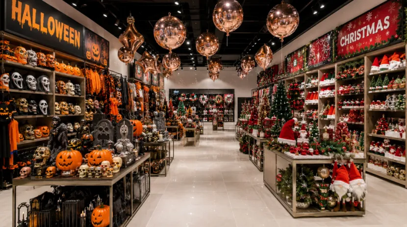 Showroom displaying Halloween and Christmas party decorations
