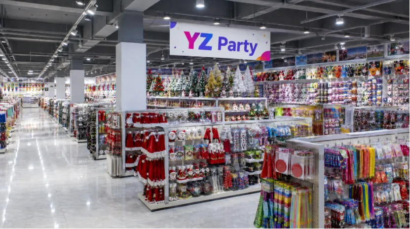 YZ Party warehouse aisle filled with colorful supplies