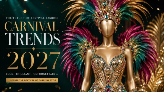 2027 carnival costume trend with gold sequin body and feathers
