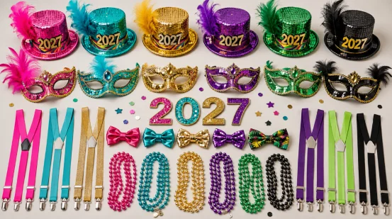 2027 carnival party accessory sets flat lay
