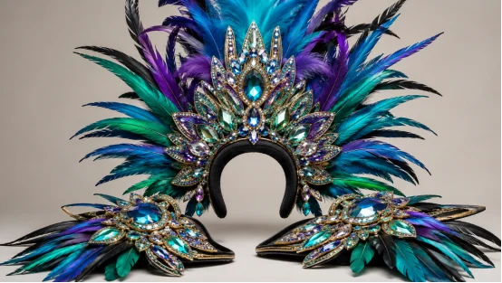 Carnival feather headpiece and matching jewel shoulder pads