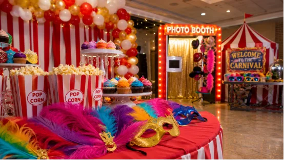 Carnival party decor with photo booth and dessert table