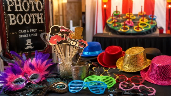 Carnival photo booth props, masks, hats, and party games