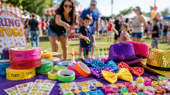 Carnival tickets, colorful hats, and party accessories on a game table