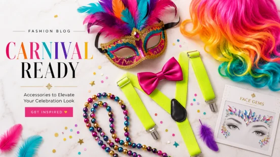 Colorful carnival costume accessories flat lay