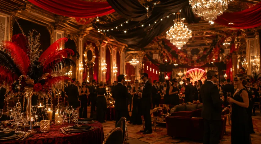 Elegant masquerade ball in a grand hotel ballroom