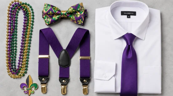 Flat lay of Mardi Gras accessories including purple tie, suspenders, and bow tie