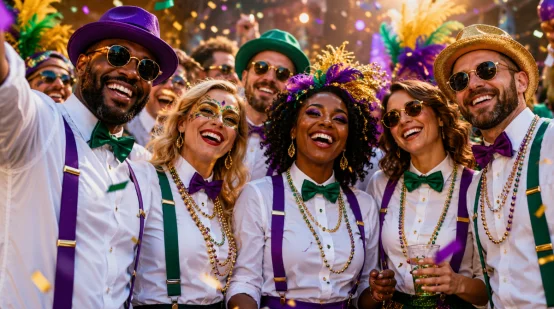 Group of people wearing colorful carnival bow ties, suspenders, and hats