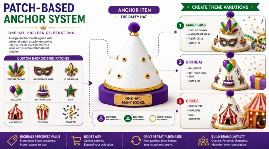 Infographic showing how a party hat uses embroidered patches for theme variations