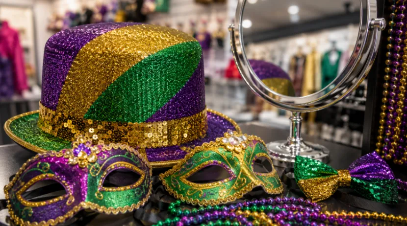Mardi Gras sequin hat with masks and accessories