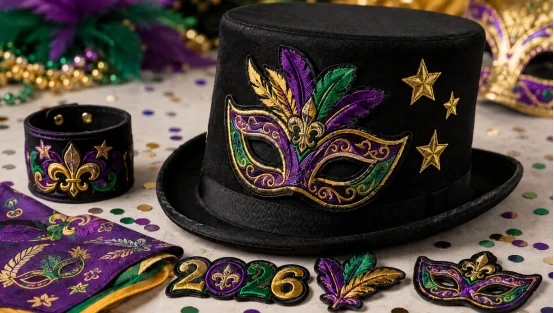 Mardi Gras top hat decorated with a embroidered mask patch and matching accessories