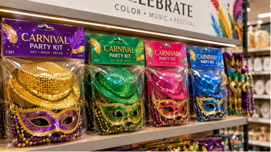Packaged carnival party kits on retail store shelf