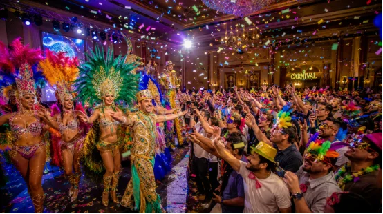 Performers in full carnival costumes and guests in party accessories at a large event