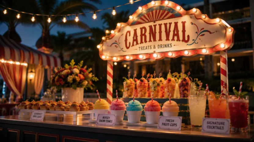 Retro carnival treats and drinks stand at a resort
