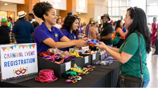 Staff handing out carnival party accessories to guests at an event registration desk