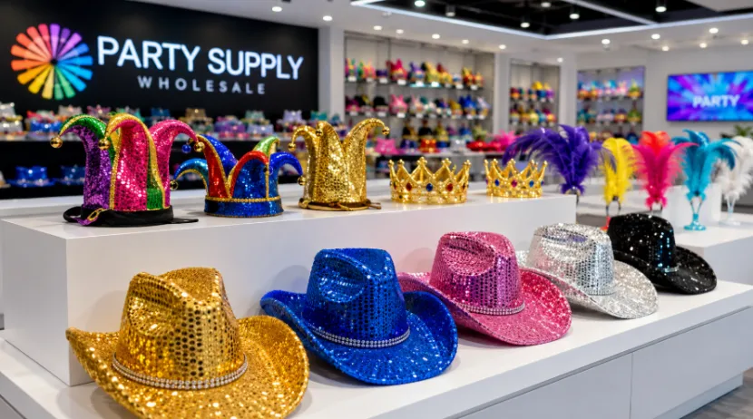 Wholesale carnival hats on display in showroom
