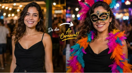 Woman transforming basic outfit into carnival costume with mask and boa