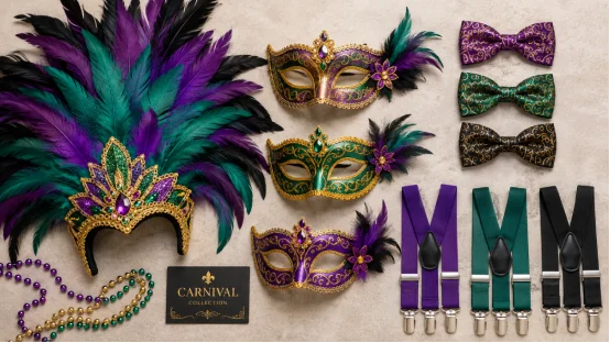 Carnival accessory set with feather headpiece, masks, and suspenders