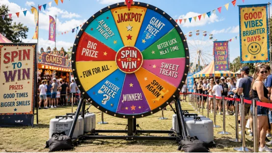 Colorful Spin to Win prize wheel at an outdoor carnival