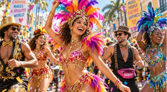 Dancers in feather headdresses at street carnival