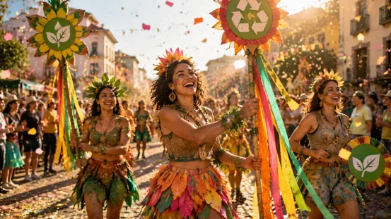 Eco-friendly carnival parade performers with sustainable props