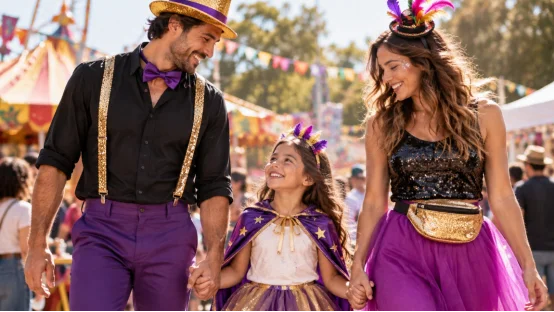 Family in matching purple carnival costumes