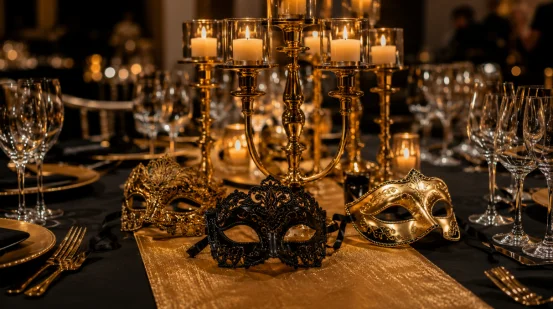 Gold and black masquerade masks on a candlelit dinner table