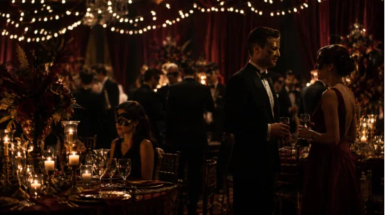 Guests in formal attire wearing masks at an elegant masquerade ball