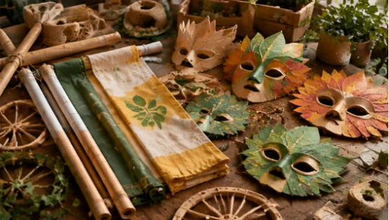 Handmade sustainable carnival masks and parade props