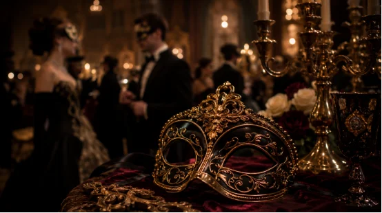 Ornate black and gold Venetian masquerade mask on gala table
