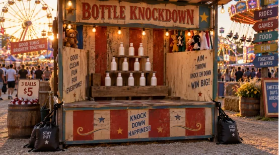 Vintage bottle knockdown game booth at a carnival fair