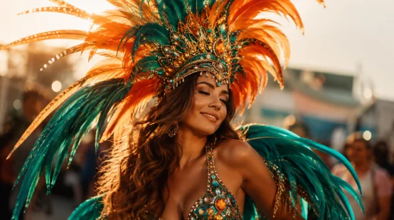 Woman wearing a colorful feather carnival headpiece