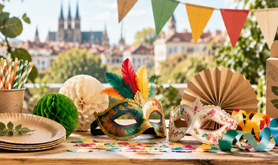 Eco-friendly party supplies in Europe featuring colorful paper decorations, carnival masks, paper bunting and recyclable packaging
